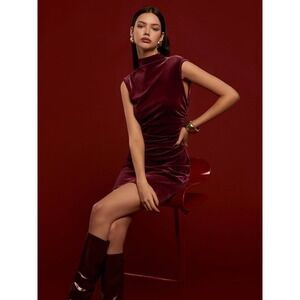 Commense Burgundy Velvet Mock Neck Sleeveless Ruched Bodycon Party Dress S‎
